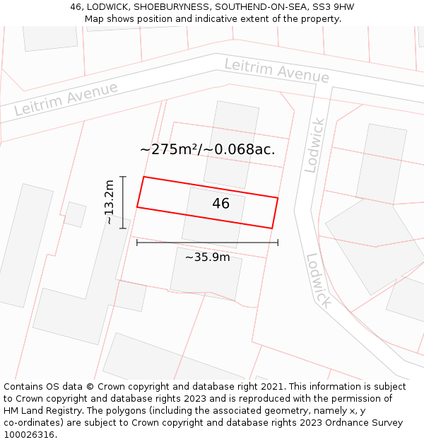 46, LODWICK, SHOEBURYNESS, SOUTHEND-ON-SEA, SS3 9HW: Plot and title map