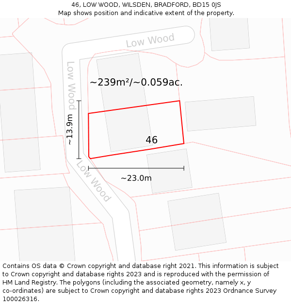 46, LOW WOOD, WILSDEN, BRADFORD, BD15 0JS: Plot and title map