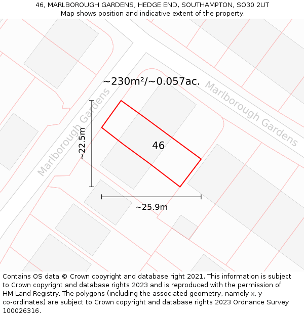 46, MARLBOROUGH GARDENS, HEDGE END, SOUTHAMPTON, SO30 2UT: Plot and title map