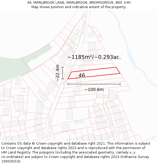 46, MARLBROOK LANE, MARLBROOK, BROMSGROVE, B60 1HN: Plot and title map