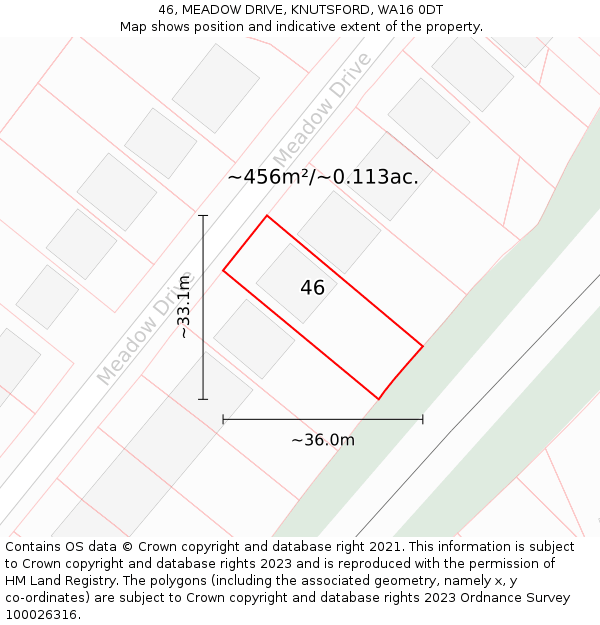 46, MEADOW DRIVE, KNUTSFORD, WA16 0DT: Plot and title map