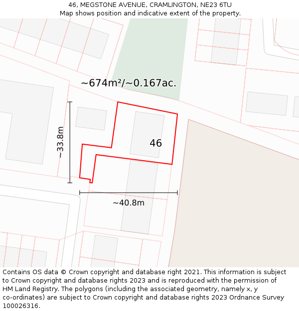 46, MEGSTONE AVENUE, CRAMLINGTON, NE23 6TU: Plot and title map