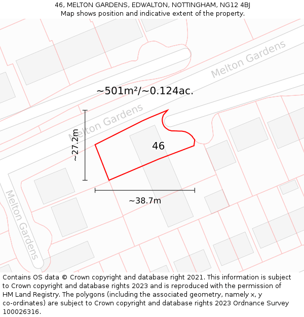 46, MELTON GARDENS, EDWALTON, NOTTINGHAM, NG12 4BJ: Plot and title map