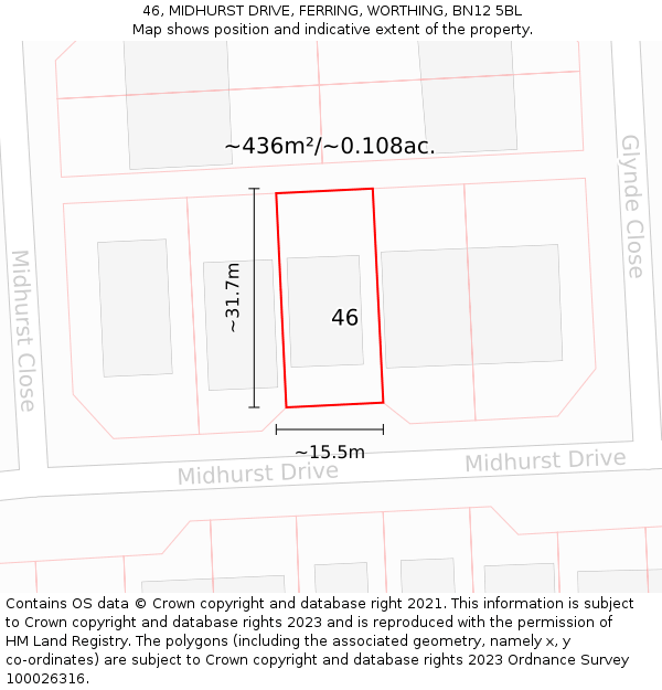 46, MIDHURST DRIVE, FERRING, WORTHING, BN12 5BL: Plot and title map