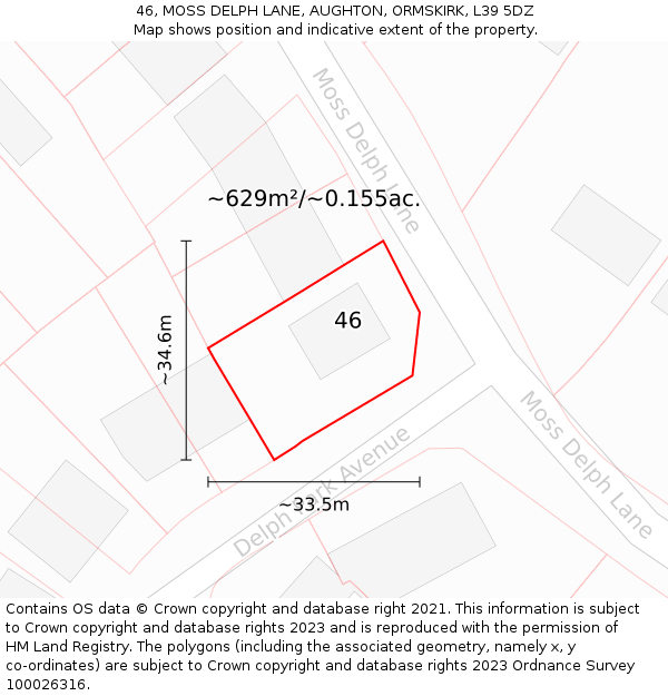 46, MOSS DELPH LANE, AUGHTON, ORMSKIRK, L39 5DZ: Plot and title map