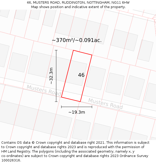 46, MUSTERS ROAD, RUDDINGTON, NOTTINGHAM, NG11 6HW: Plot and title map