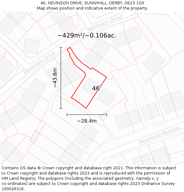 46, NEVINSON DRIVE, SUNNYHILL, DERBY, DE23 1GX: Plot and title map