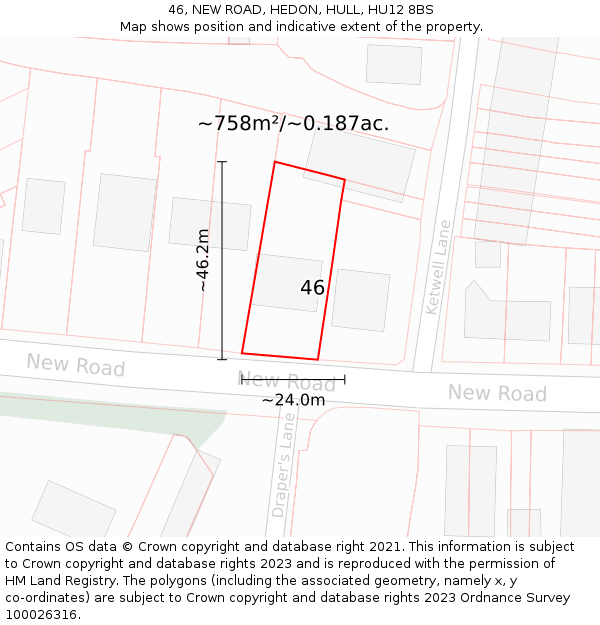 46, NEW ROAD, HEDON, HULL, HU12 8BS: Plot and title map