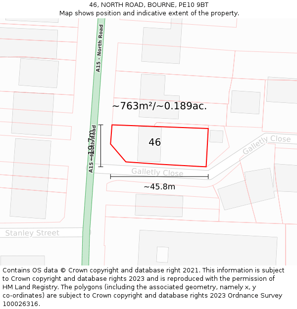 46, NORTH ROAD, BOURNE, PE10 9BT: Plot and title map