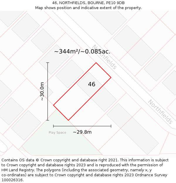 46, NORTHFIELDS, BOURNE, PE10 9DB: Plot and title map