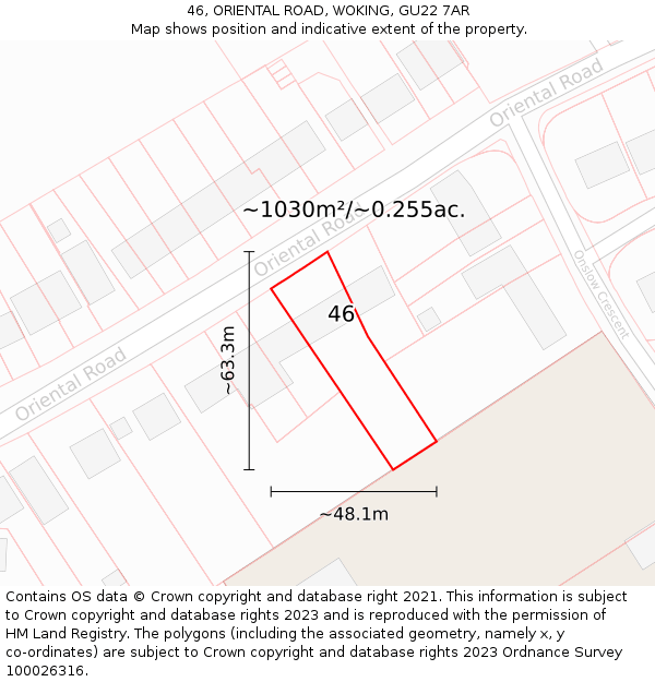 46, ORIENTAL ROAD, WOKING, GU22 7AR: Plot and title map