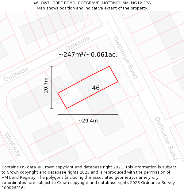 46, OWTHORPE ROAD, COTGRAVE, NOTTINGHAM, NG12 3PA: Plot and title map