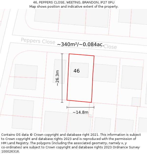 46, PEPPERS CLOSE, WEETING, BRANDON, IP27 0PU: Plot and title map