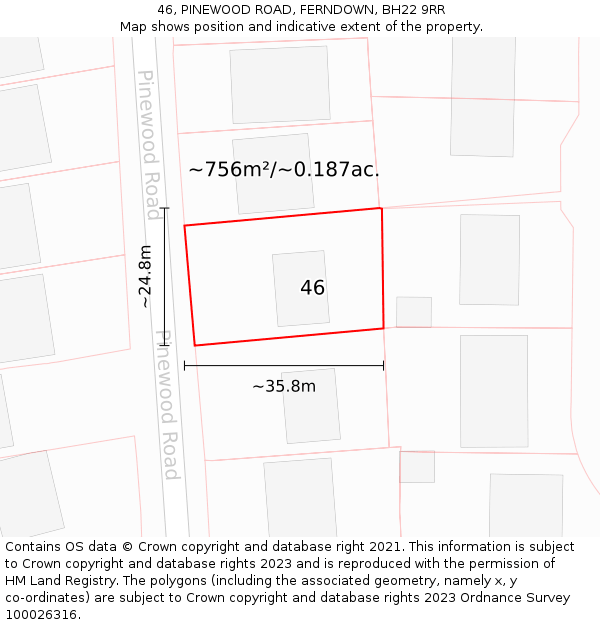 46, PINEWOOD ROAD, FERNDOWN, BH22 9RR: Plot and title map