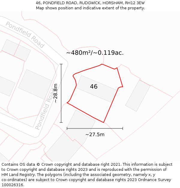 46, PONDFIELD ROAD, RUDGWICK, HORSHAM, RH12 3EW: Plot and title map