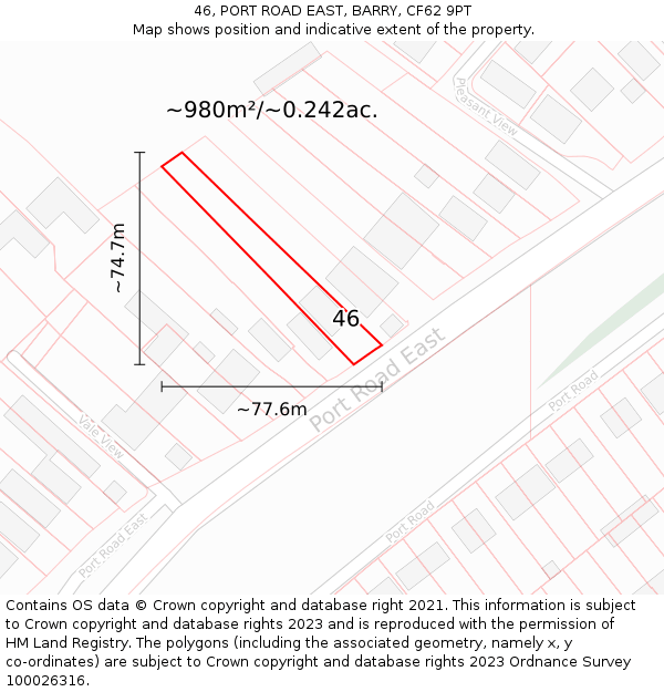 46, PORT ROAD EAST, BARRY, CF62 9PT: Plot and title map