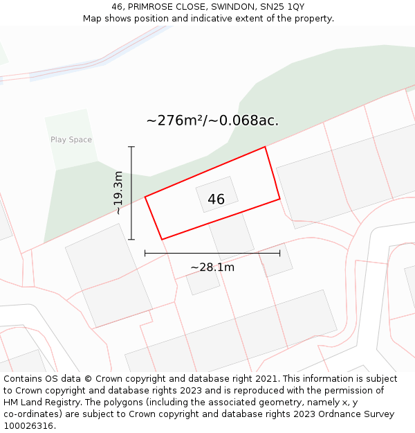 46, PRIMROSE CLOSE, SWINDON, SN25 1QY: Plot and title map