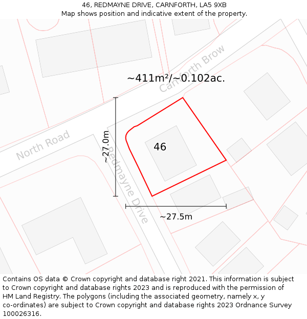 46, REDMAYNE DRIVE, CARNFORTH, LA5 9XB: Plot and title map