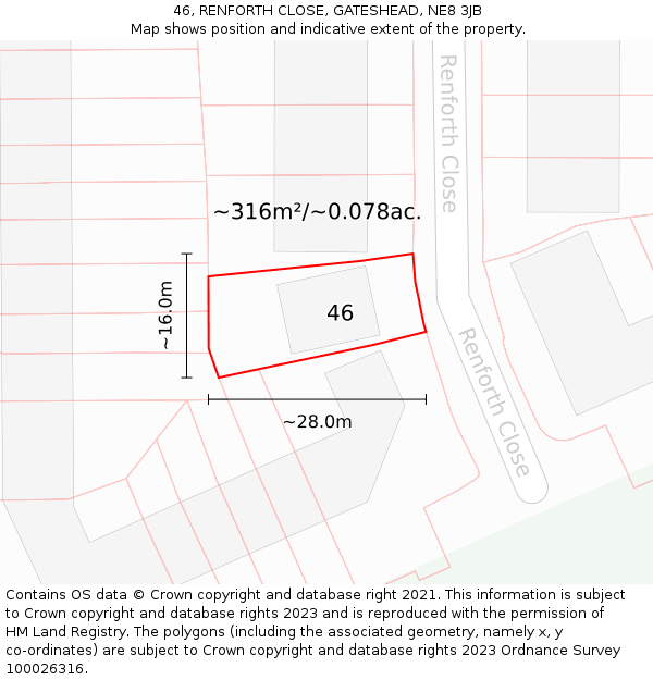 46, RENFORTH CLOSE, GATESHEAD, NE8 3JB: Plot and title map