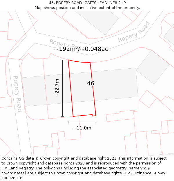 46, ROPERY ROAD, GATESHEAD, NE8 2HP: Plot and title map