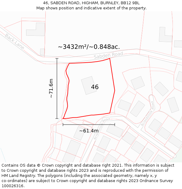 46, SABDEN ROAD, HIGHAM, BURNLEY, BB12 9BL: Plot and title map