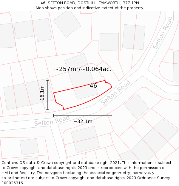 46, SEFTON ROAD, DOSTHILL, TAMWORTH, B77 1PN: Plot and title map