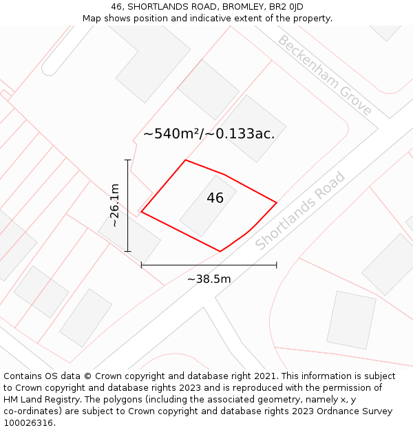 46, SHORTLANDS ROAD, BROMLEY, BR2 0JD: Plot and title map