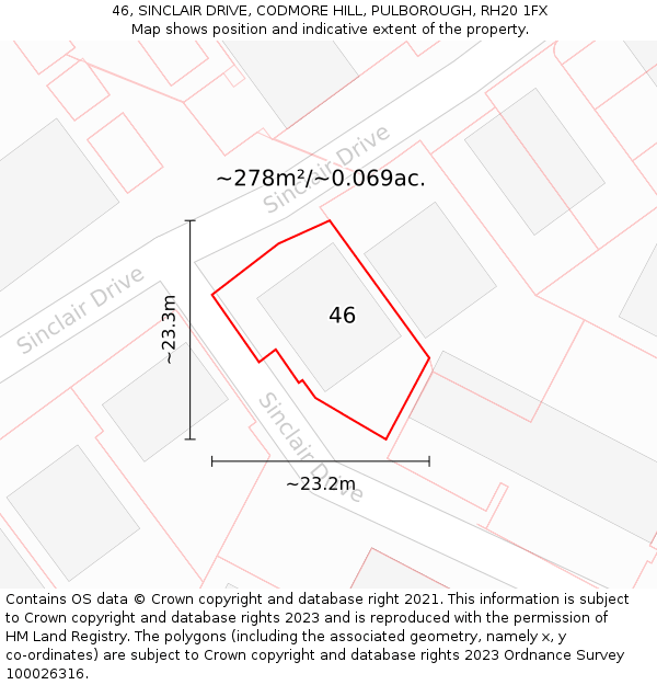 46, SINCLAIR DRIVE, CODMORE HILL, PULBOROUGH, RH20 1FX: Plot and title map