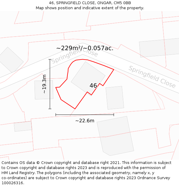 46, SPRINGFIELD CLOSE, ONGAR, CM5 0BB: Plot and title map