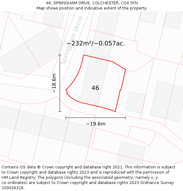 46, SPRINGHAM DRIVE, COLCHESTER, CO4 5FN: Plot and title map