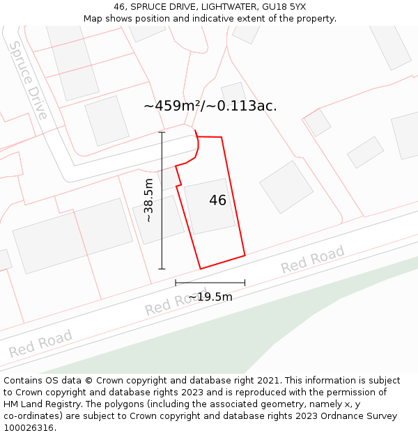 46, SPRUCE DRIVE, LIGHTWATER, GU18 5YX: Plot and title map