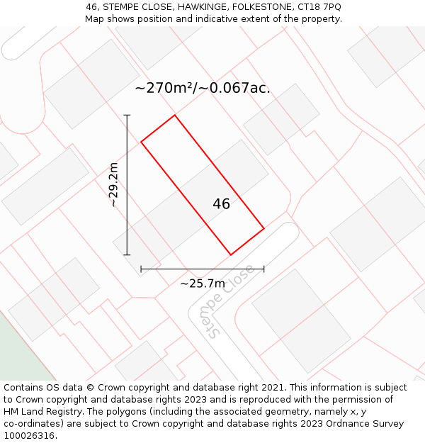 46, STEMPE CLOSE, HAWKINGE, FOLKESTONE, CT18 7PQ: Plot and title map
