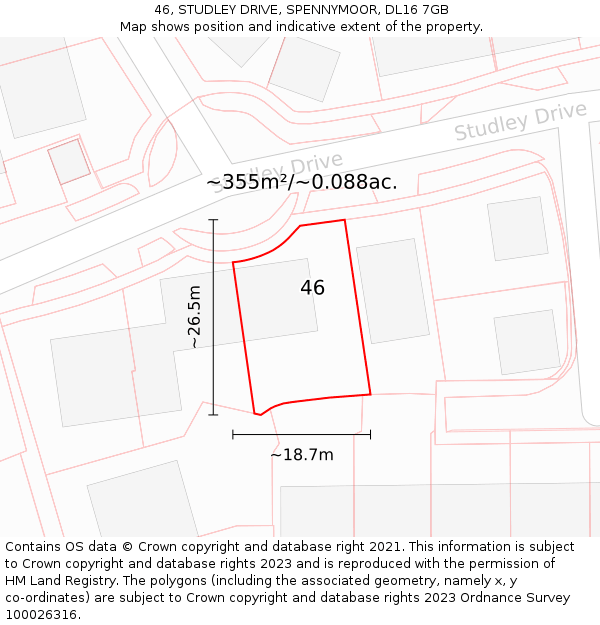 46, STUDLEY DRIVE, SPENNYMOOR, DL16 7GB: Plot and title map