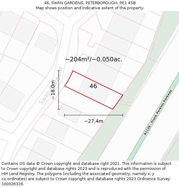 46, SWAN GARDENS, PETERBOROUGH, PE1 4SB: Plot and title map