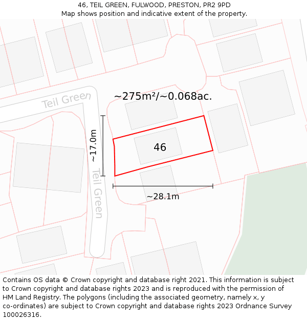 46, TEIL GREEN, FULWOOD, PRESTON, PR2 9PD: Plot and title map