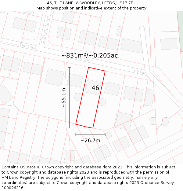 46, THE LANE, ALWOODLEY, LEEDS, LS17 7BU: Plot and title map