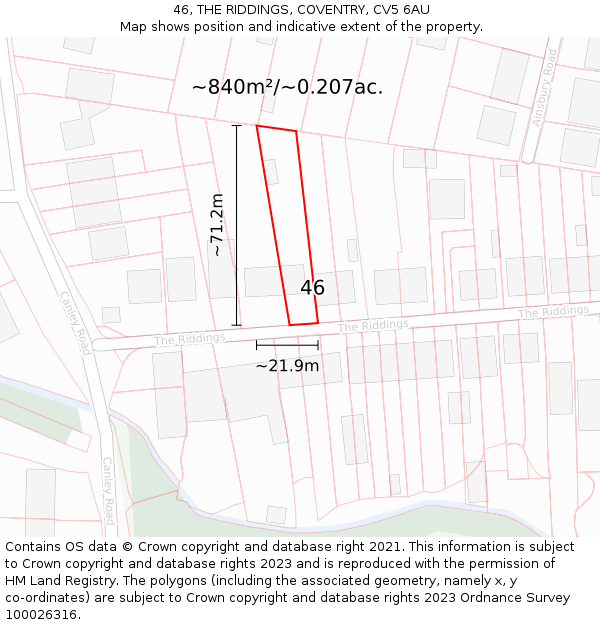 46, THE RIDDINGS, COVENTRY, CV5 6AU: Plot and title map