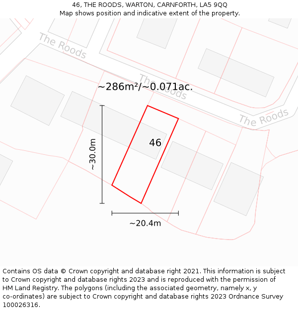 46, THE ROODS, WARTON, CARNFORTH, LA5 9QQ: Plot and title map