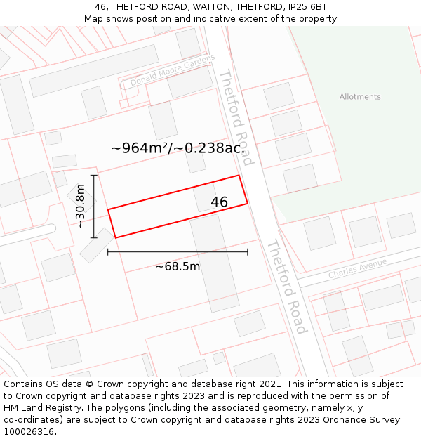 46, THETFORD ROAD, WATTON, THETFORD, IP25 6BT: Plot and title map