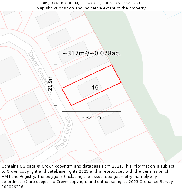 46, TOWER GREEN, FULWOOD, PRESTON, PR2 9UU: Plot and title map