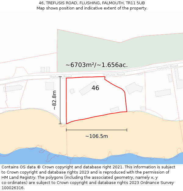 46, TREFUSIS ROAD, FLUSHING, FALMOUTH, TR11 5UB: Plot and title map