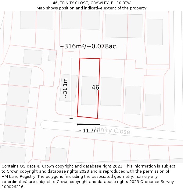 46, TRINITY CLOSE, CRAWLEY, RH10 3TW: Plot and title map