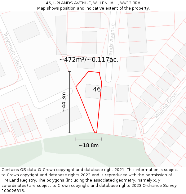 46, UPLANDS AVENUE, WILLENHALL, WV13 3PA: Plot and title map