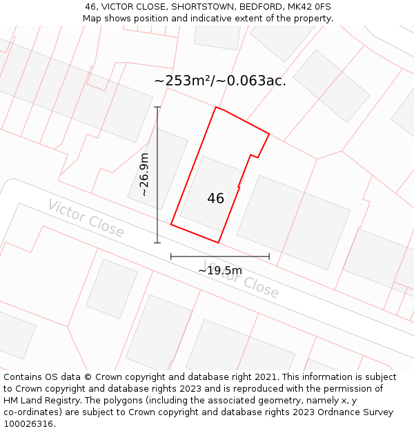 46, VICTOR CLOSE, SHORTSTOWN, BEDFORD, MK42 0FS: Plot and title map