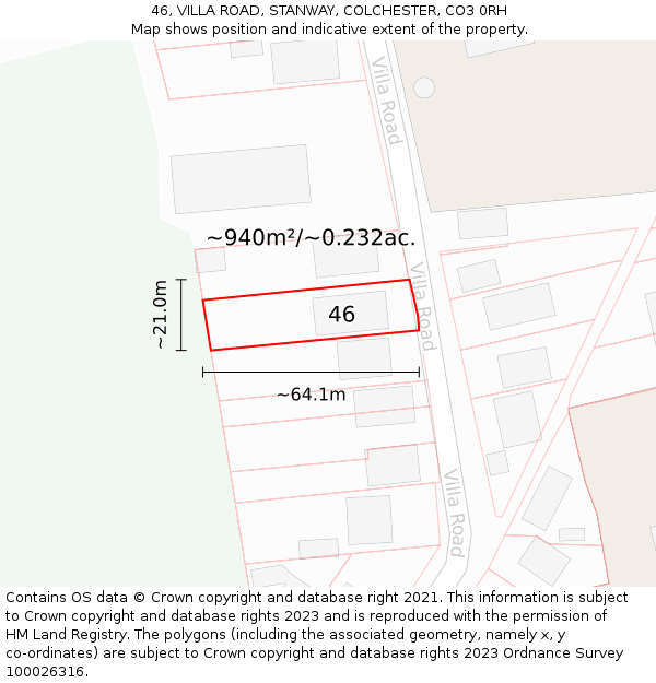 46, VILLA ROAD, STANWAY, COLCHESTER, CO3 0RH: Plot and title map