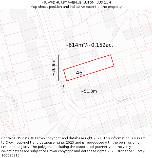 46, WADHURST AVENUE, LUTON, LU3 1UH: Plot and title map