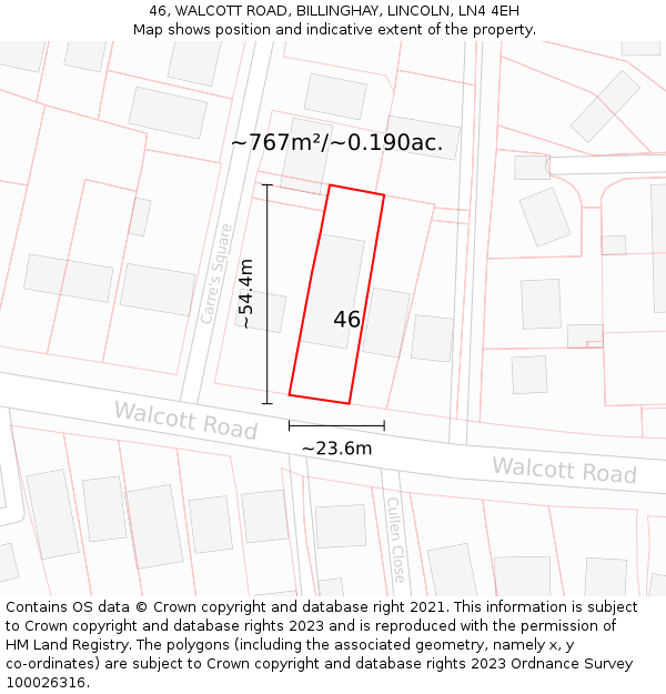 46, WALCOTT ROAD, BILLINGHAY, LINCOLN, LN4 4EH: Plot and title map