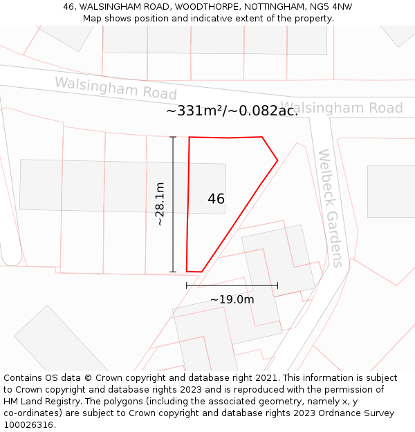 46, WALSINGHAM ROAD, WOODTHORPE, NOTTINGHAM, NG5 4NW: Plot and title map