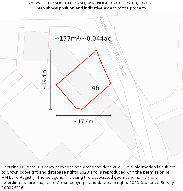 46, WALTER RADCLIFFE ROAD, WIVENHOE, COLCHESTER, CO7 9FF: Plot and title map