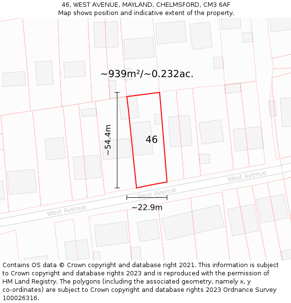 46, WEST AVENUE, MAYLAND, CHELMSFORD, CM3 6AF: Plot and title map